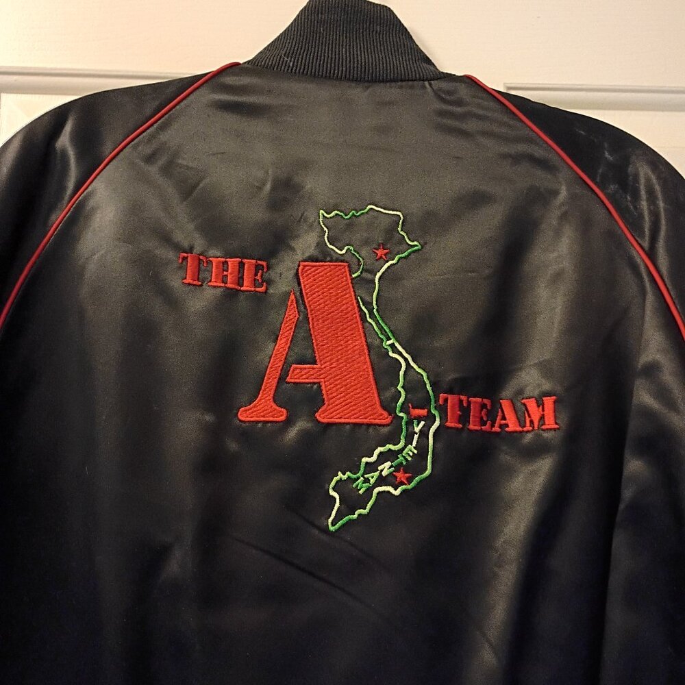 Producer of the Original A-Team's Black Satin Bomber Jacket Size Medium